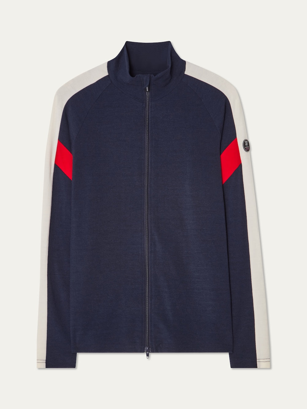 We Norwegians | FW25 | Mens Zermatt Full Zip Sweater_Flag | A piqué knit sweater with white and red accents on the sleeves and a front 2-way zipper opening | Shot against an off-white background