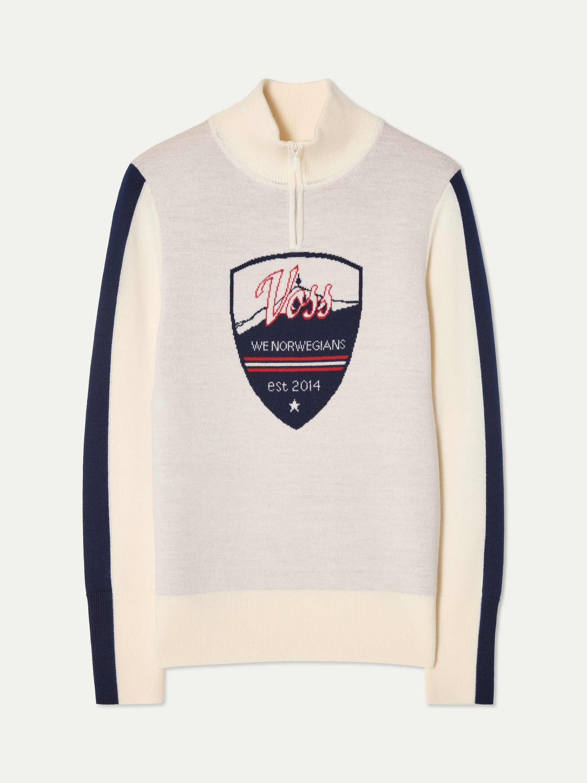 We Norwegians | FW25 | Womens Afterski zip-up in cream with logo and 1/4th zipper in the front. Shot against an off white background