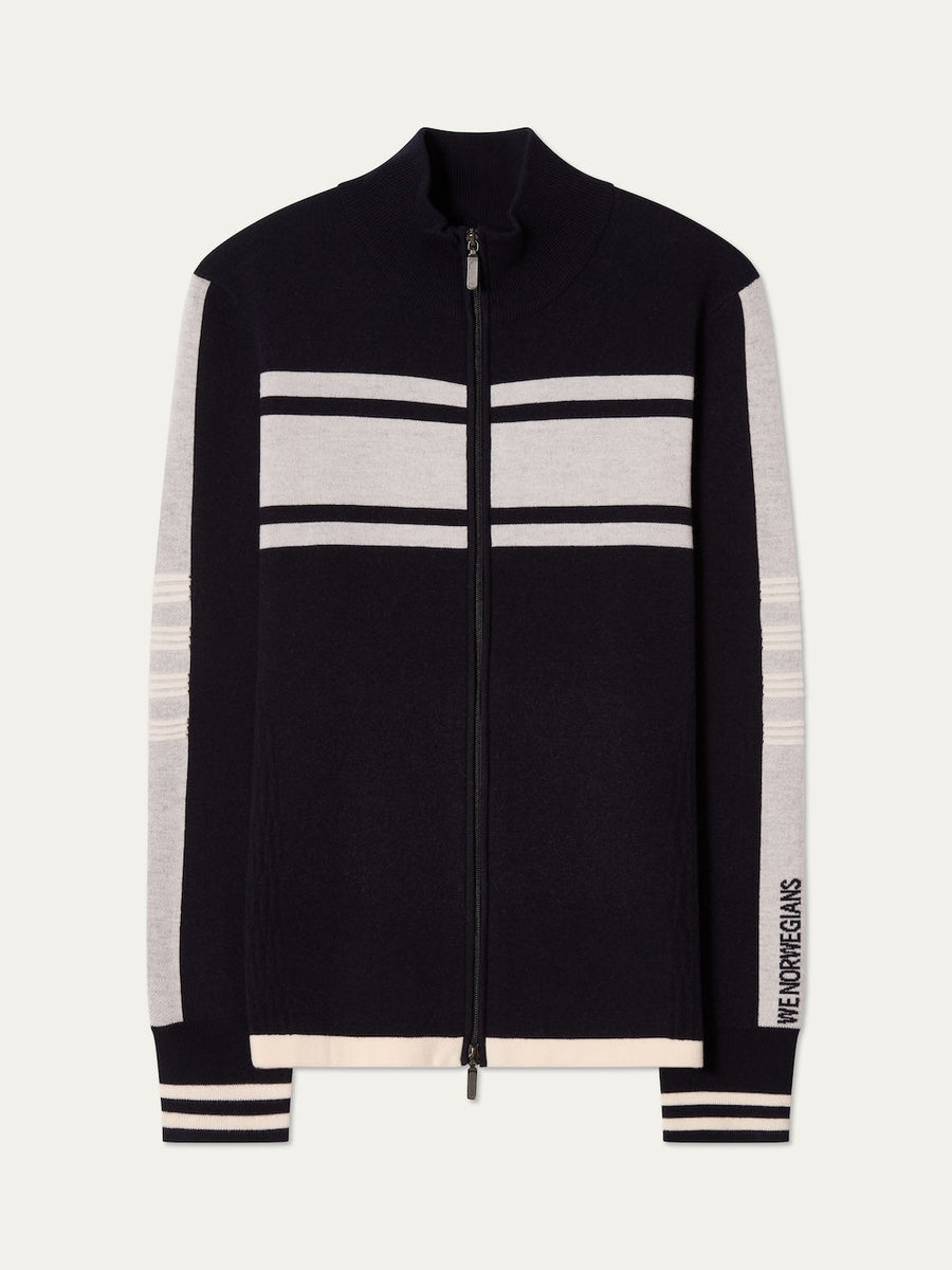 We Norwegians | FW25 | Mens Rocky Full ZipUp_Navy blue | A fine knitted sweater with a 2-way front zipper opening, designed in a retro style with contrasting color blocks on the chest and sleeves | Shot against an off-white background