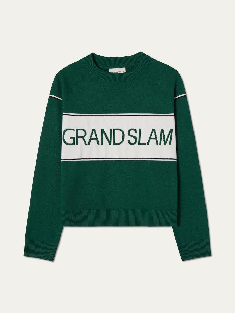 Green sweater with 'Grand Slam' text on a white background